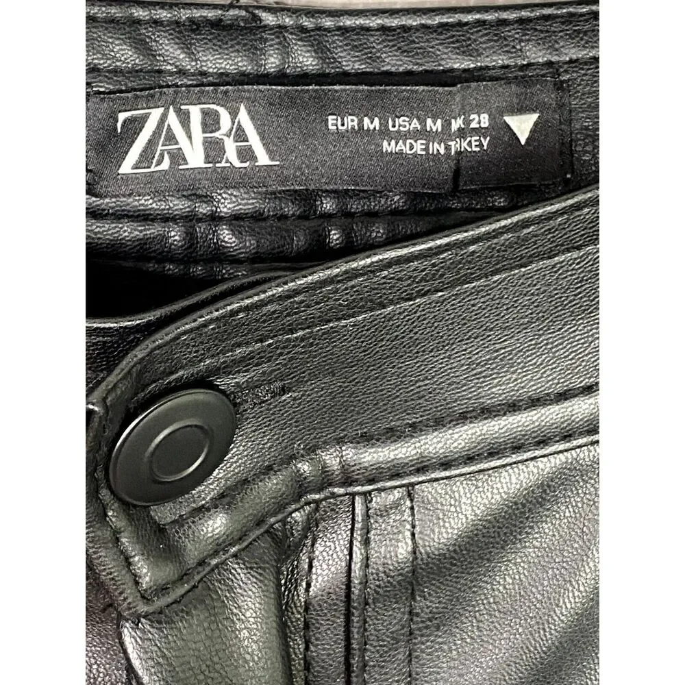 ZARA Wide Leg High Rise Faux Leather Edgy Moto Biker Full Length Pants M Black - Picture 7 of 16